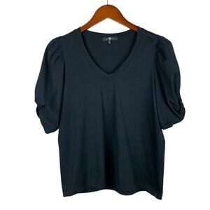 7 For All Mankind 7FAM Shirt Short Puff Sleeve Top T-shirt Black Cotton Womens L